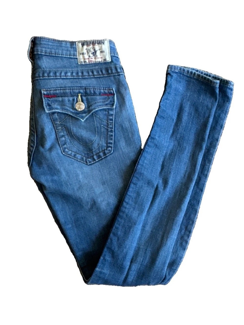 True Religion Women's Medium Wash Blue Skinny Denim Jeans Stretch Low Rise 29